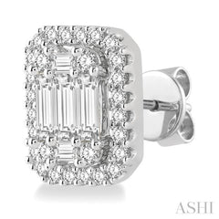 1 ctw Octagonal Baguette & Round Cut Diamond Stud Earrings in 14K White Gold