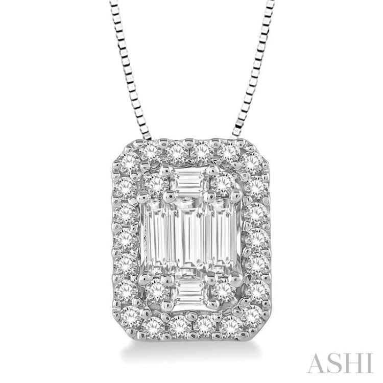 3/8 ctw Octagonal Baguette & Round Cut Diamond Pendant With Box Chain in 14K White Gold