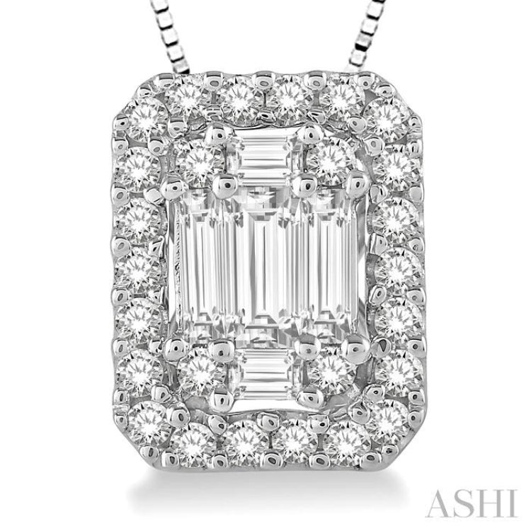3/8 ctw Octagonal Baguette & Round Cut Diamond Pendant With Box Chain in 14K White Gold