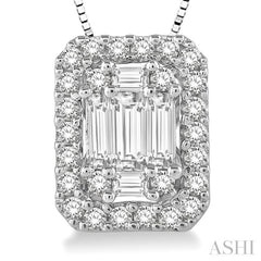 3/8 ctw Octagonal Baguette & Round Cut Diamond Pendant With Box Chain in 14K White Gold