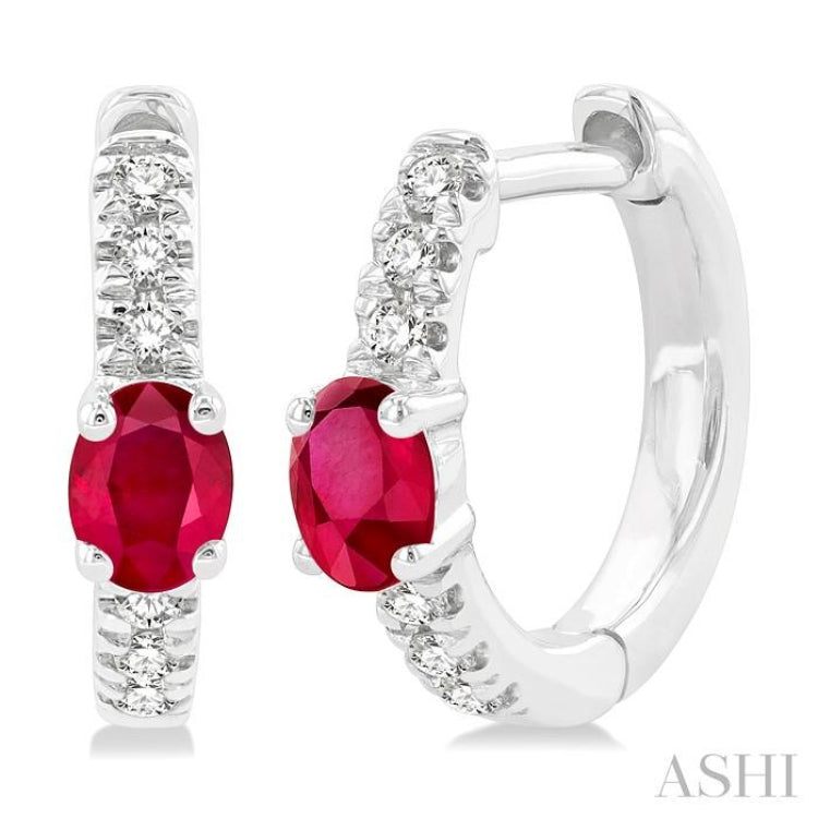 1/10 ctw Petite 4X3 MM Oval Cut Ruby and Round Cut Diamond Fashion Huggies in 10K White Gold