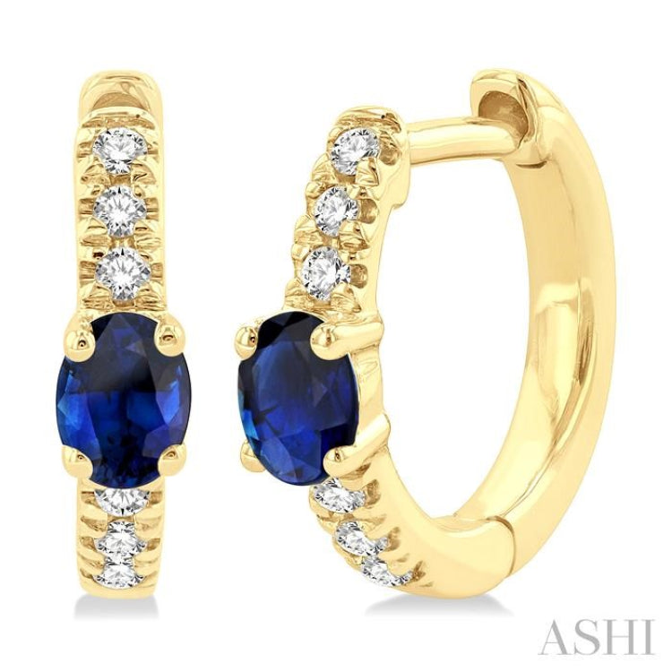 1/10 ctw Petite 4X3 MM Oval Cut Sapphire and Round Cut Diamond Fashion Huggies in 10K Yellow Gold