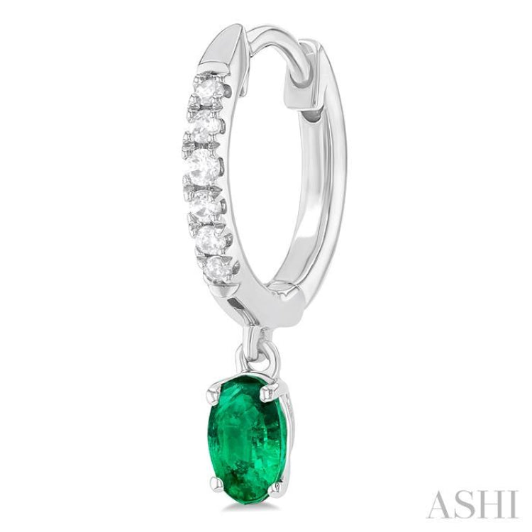 1/8 ctw Petite 5x3 MM Oval Cut Emerald and Round Cut Diamond Precious Fashion Huggies in 10K White Gold