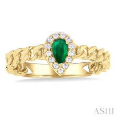 5x3 MM Pear Cut Emerald and 1/10 Ctw Curb & Cuban Link Round Cut Diamond Halo Precious Ring in 10K Yellow Gold