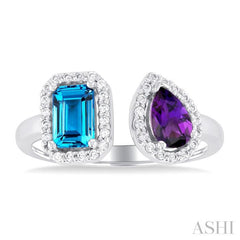 1/5 ctw Open Toi Et Moi 6X4 MM Emerald Cut Blue Topaz and Pear Cut Amethyst & Round Cut Diamond Halo Fashion Ring in 14K White Gold