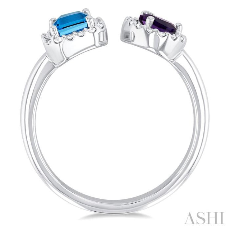 1/5 ctw Open Toi Et Moi 6X4 MM Emerald Cut Blue Topaz and Pear Cut Amethyst & Round Cut Diamond Halo Fashion Ring in 14K White Gold