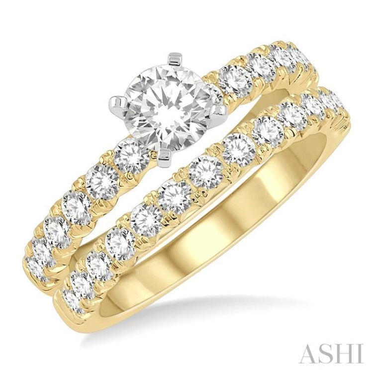 1 1/2 Ctw Diamond Wedding Set With 1 Ctw Round cut Engagement Ring and 1/2 Ctw Wedding Band in 14K Yellow And White Gold