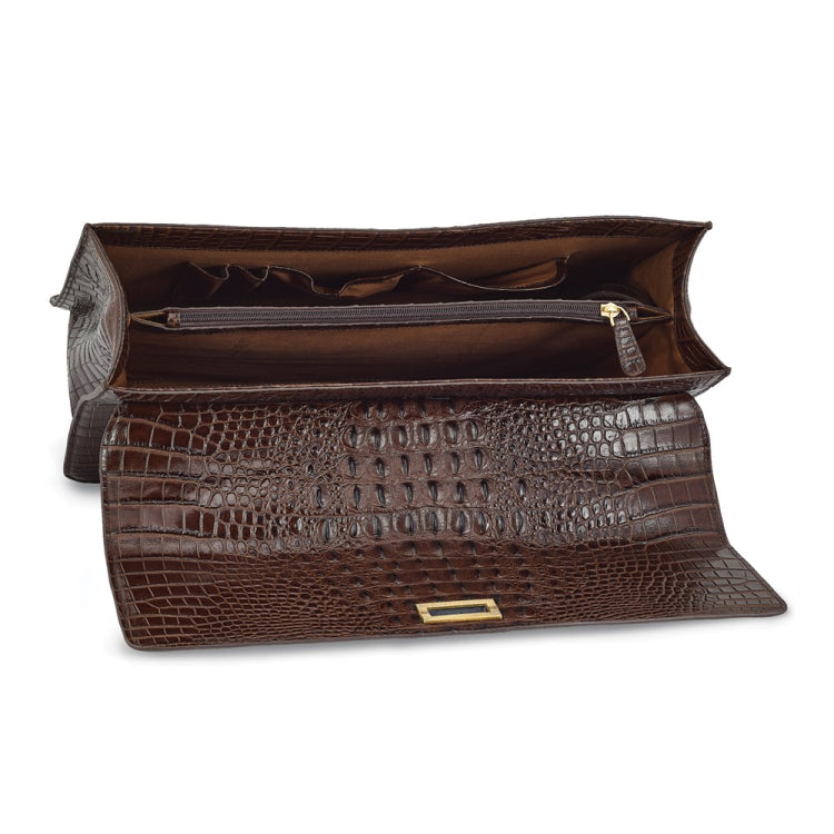 Luxury Giftware by Jere Top Grain Leather Croc Texture Brown Briefcase/Messenger Bag with Zip Pocket, Pen Pockets, Key Fob, and Detachable Shoulder Strap