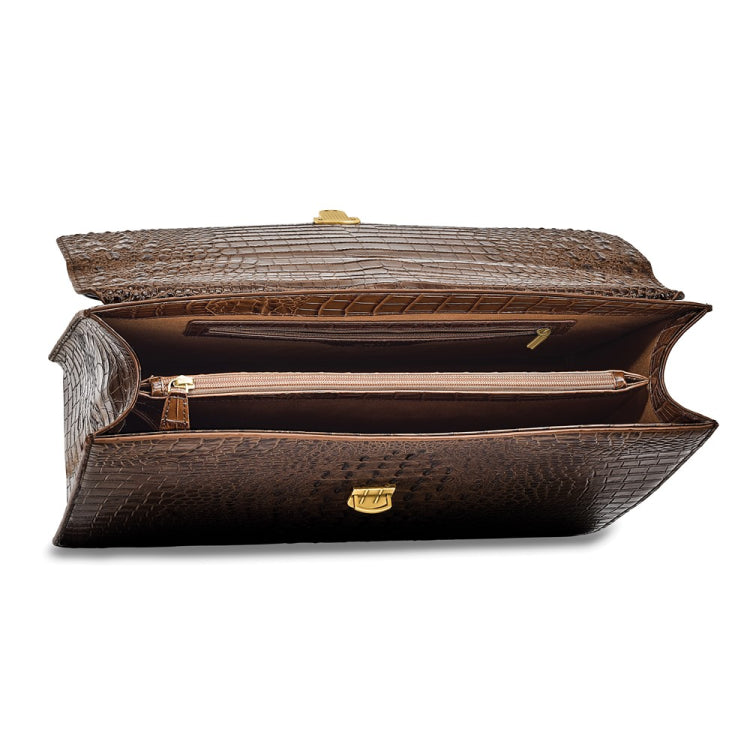 Luxury Giftware by Jere Top Grain Leather Croc Texture Brown Briefcase/Messenger Bag with Zip Pocket, Pen Pockets, Key Fob, and Detachable Shoulder Strap