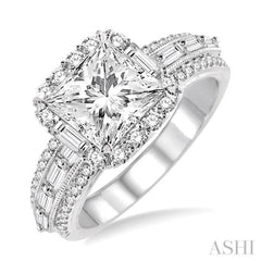 7/8 Ctw Round and Baguette Cut Diamond Princess Shape Semi-mount Engagement Ring in 14K White Gold