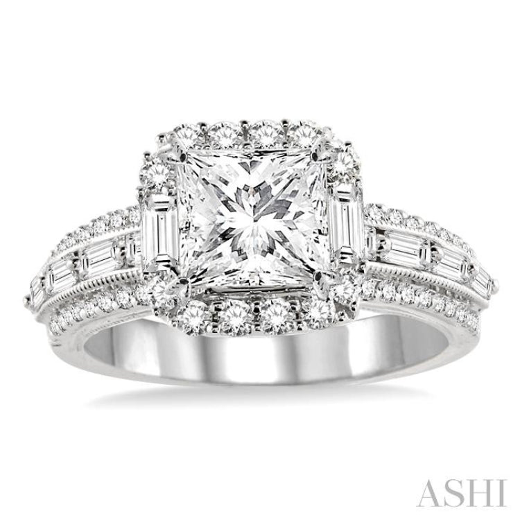 7/8 Ctw Round and Baguette Cut Diamond Princess Shape Semi-mount Engagement Ring in 14K White Gold