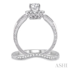 1 1/10 Ctw Diamond Wedding Set with 1 Ctw Round Cut Engagement Ring and 1/10 Ctw Wedding Band in 14K White Gold