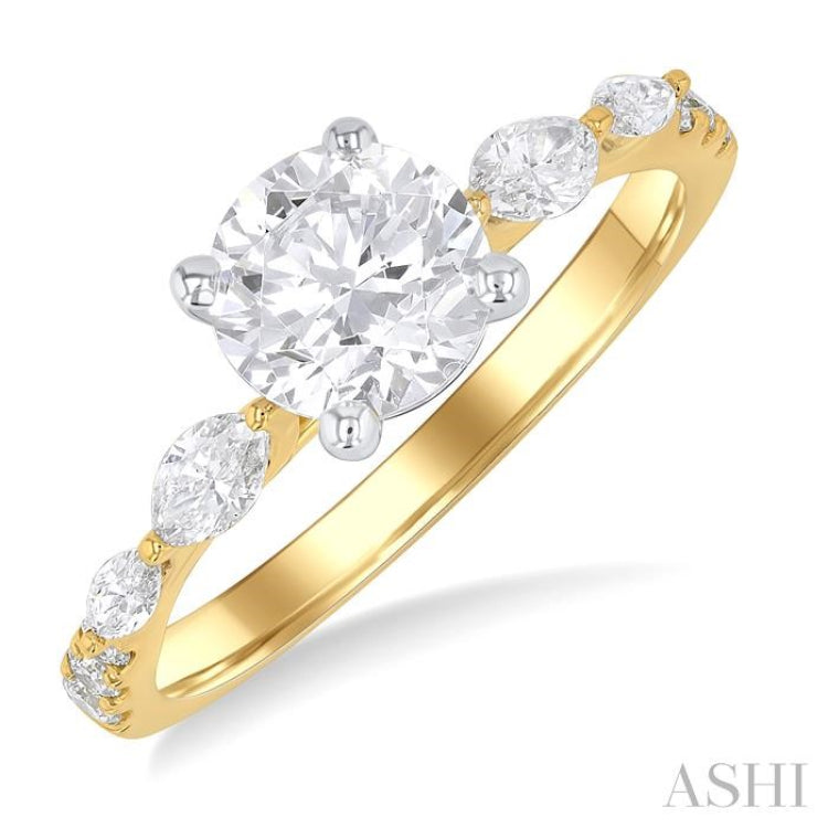 3/8 ctw Marquise and Round Cut Diamond Semi-Mount Engagement Ring in 14K Yellow and White Gold