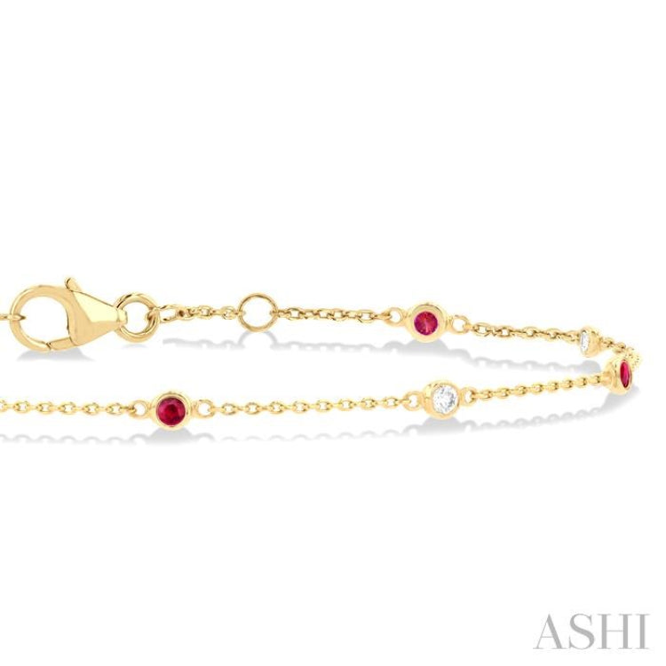 1/10 ctw 1.80MM Ruby and Bezel Set Round Cut Diamond Precious Gemstone Station Bracelet in 14K Yellow Gold