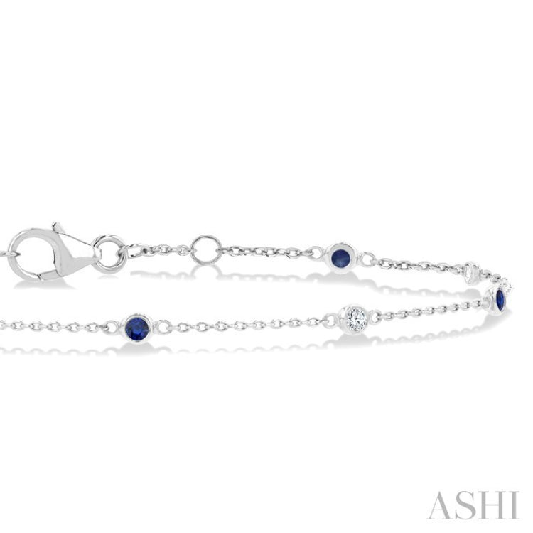 1.8 MM Sapphire and 1/10 Ctw Bezel Set Round Cut Diamond Precious Gemstone Station Bracelet in 14K White Gold