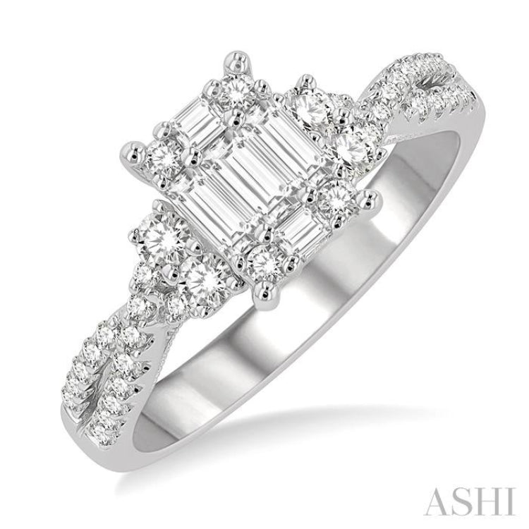 3/4 ctw Split Criss Cross Shank Fusion Baguette and Round Cut Diamond Engagement Ring in 14K White Gold