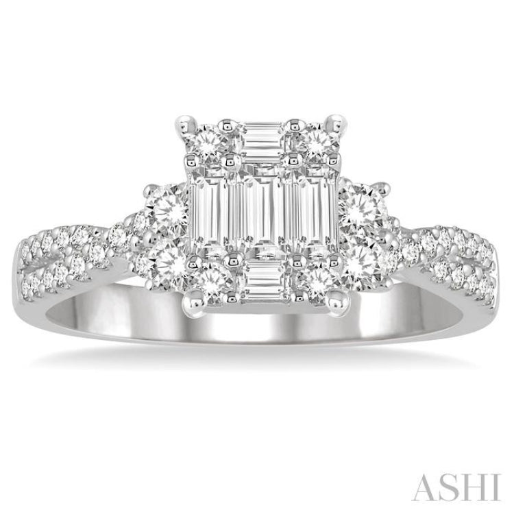 3/4 ctw Split Criss Cross Shank Fusion Baguette and Round Cut Diamond Engagement Ring in 14K White Gold