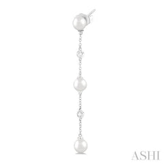 5 MM Round Shape Cultured Pearl and 1/10 Ctw Round Cut Diamond Station Long Earrings in 14K White Gold