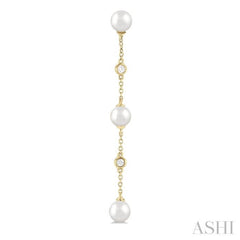 1/10 ctw Cultured Pearls 5 MM  and Round Cut Diamond Station Long Earring in 14K Yellow Gold