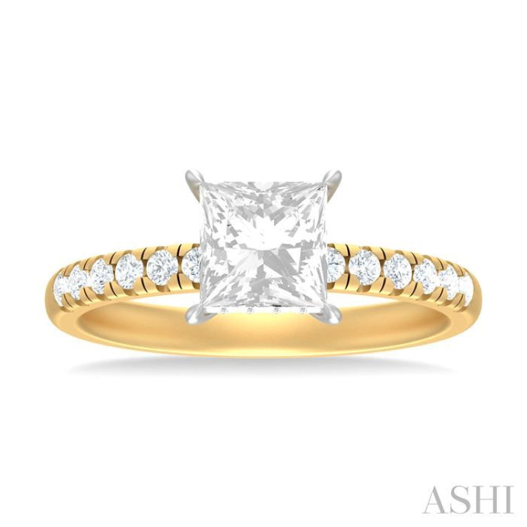 1/3 ctw Princess Shape Round Cut Diamond Semi Mount Engagement Ring in 14K Yellow and White Gold