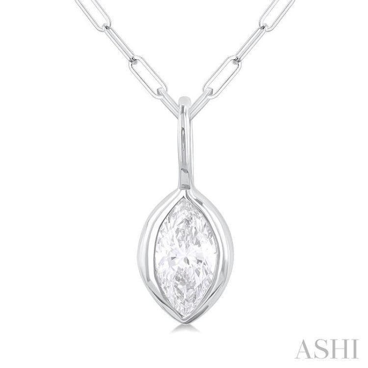 1/5 ctw Marquise Cut Bezel Set Diamond Fashion Pendant With Paper Clip Chain in 14K White Gold