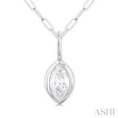 1/5 ctw Marquise Cut Bezel Set Diamond Fashion Pendant With Paper Clip Chain in 14K White Gold