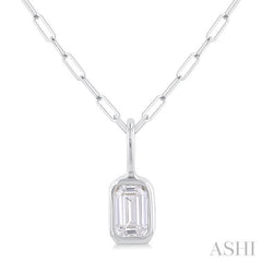 1/5 ctw Emerald Cut Bezel Set Diamond Fashion Pendant With Paper Clip Chain in 14K White Gold