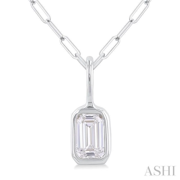 1/5 ctw Emerald Cut Bezel Set Diamond Fashion Pendant With Paper Clip Chain in 14K White Gold