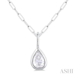 1/5 ctw Pear Cut Bezel Set Diamond Fashion Pendant With Paper Clip Chain in 14K White Gold