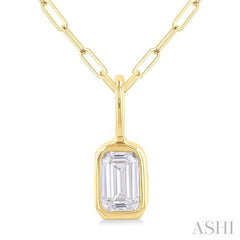 1/5 ctw Emerald Cut Bezel Set Diamond Fashion Pendant With Paper Clip Chain in 14K Yellow Gold