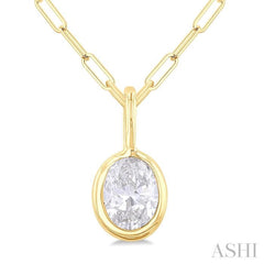 1/5 ctw Oval Cut Bezel Set Diamond Fashion Pendant With Paper Clip Chain in 14K Yellow Gold