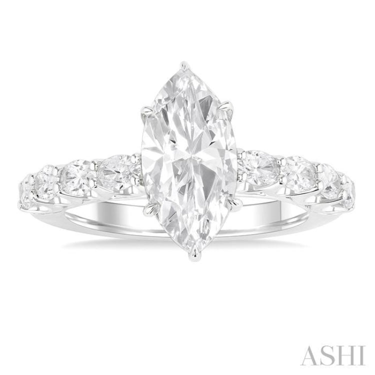 7/8 Ctw Marquise Shape Oval and Round Cut Diamond Semi Mount Engagement Ring in 14K White Gold