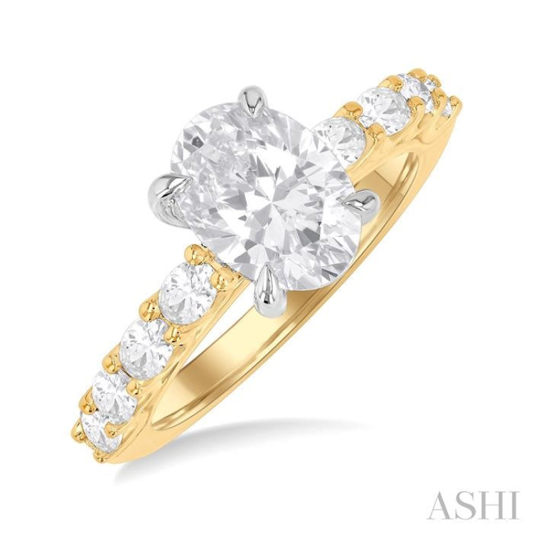 7/8 Ctw Oval Shape Oval and Round Cut Diamond Semi Mount Engagement Ring in 14K Yellow and White Gold