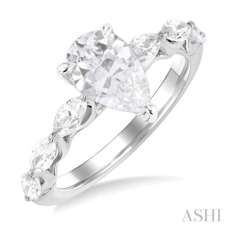 1.00 Ctw Pear Shape Marquise and Round Cut Diamond Semi Mount Engagement Ring in 14K White Gold