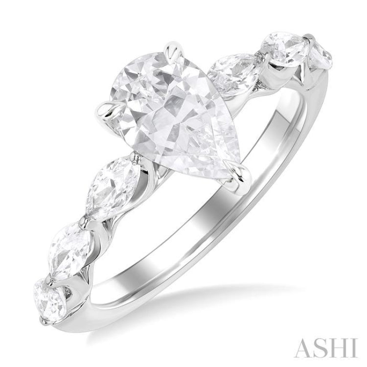 3/4 Ctw Pear Shape Marquise and Round Cut Diamond Semi Mount Engagement Ring in 14K White Gold