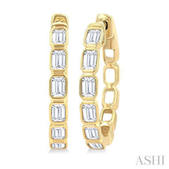 1 1/10 Ctw Bezel Set Emerald Cut Diamond Fashion Hoop Earrings in 14K Yellow Gold