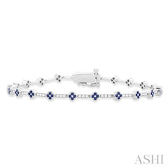 1 MM Round Shape Sapphire and 1/2 Ctw Clover Leaf & Bar Link Round Cut Diamond Precious Bracelet in 14K White Gold