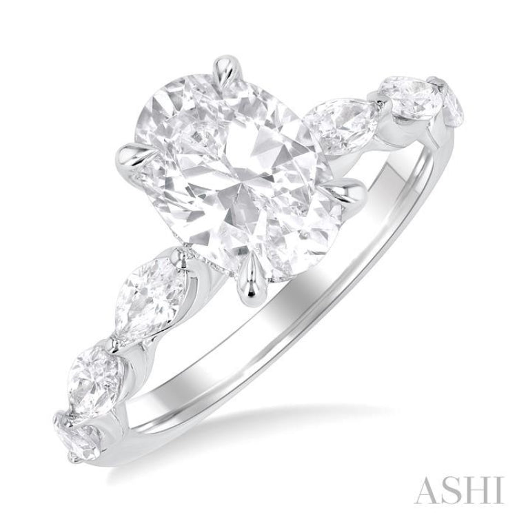 5/8 Ctw Oval Shape Marquise and Round Cut Diamond Semi Mount Engagement Ring in 14K White Gold