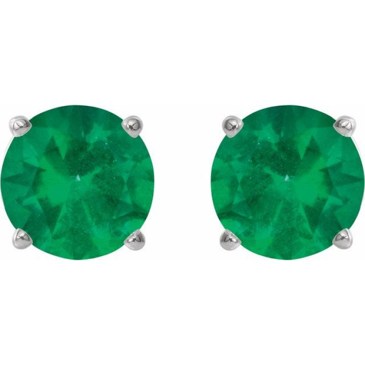14K White Gold 8 mm Lab-Grown Emerald Earrings