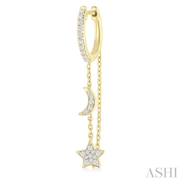 1/3 Ctw Crescent Moon & Star Round Cut Diamond Chain Dangler Hoop Earring in 10K Yellow Gold