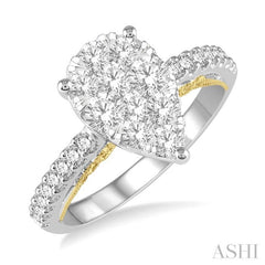 1 1/2 Ctw Pear Shape Round Cut Diamond Lovebright Ring in 14K White and Yellow Gold