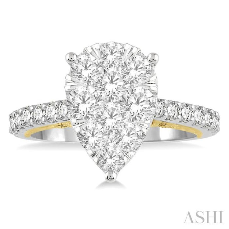 1 1/2 Ctw Pear Shape Round Cut Diamond Lovebright Ring in 14K White and Yellow Gold