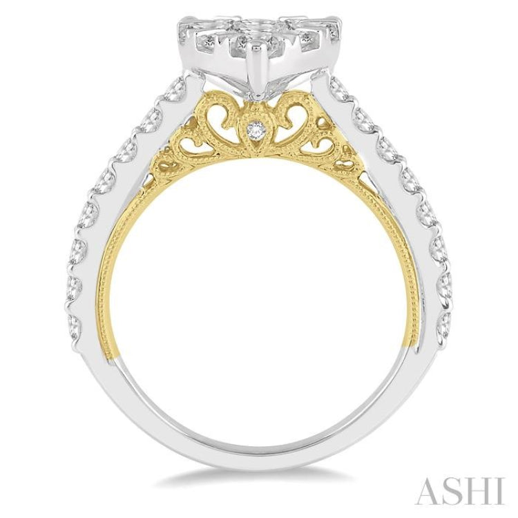 1 1/2 Ctw Pear Shape Round Cut Diamond Lovebright Ring in 14K White and Yellow Gold