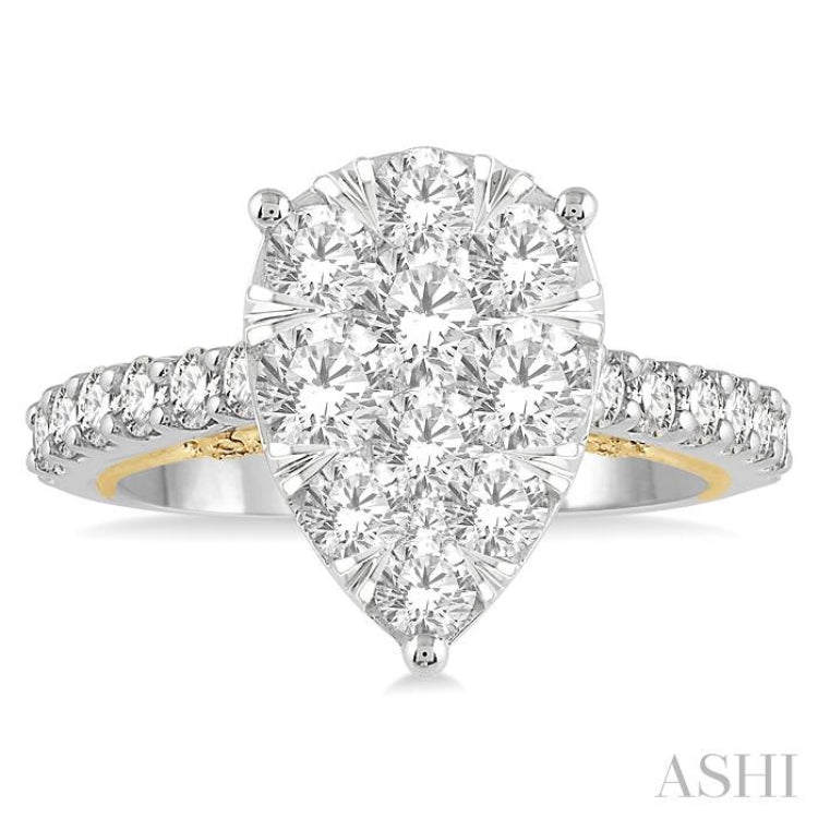 2 Ctw Pear Shape Round Cut Diamond Lovebright Ring in 14K White and Yellow Gold