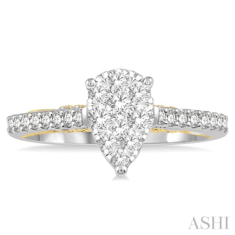 1/2 Ctw Pear Shape Round Cut Diamond Lovebright Ring in 14K White and Yellow Gold