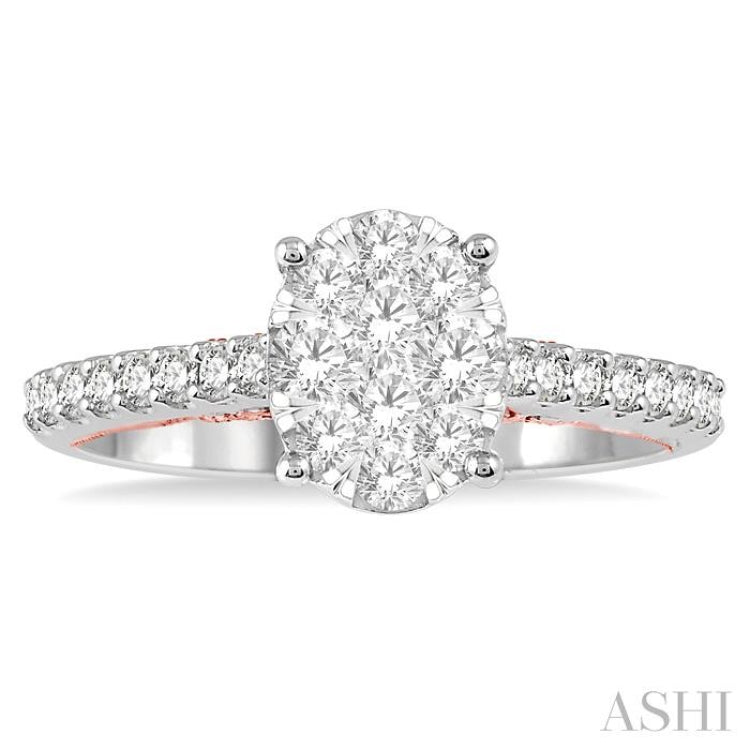 3/4 Ctw Oval Shape Lovebright Diamond Cluster Ring in 14K White and Rose Gold