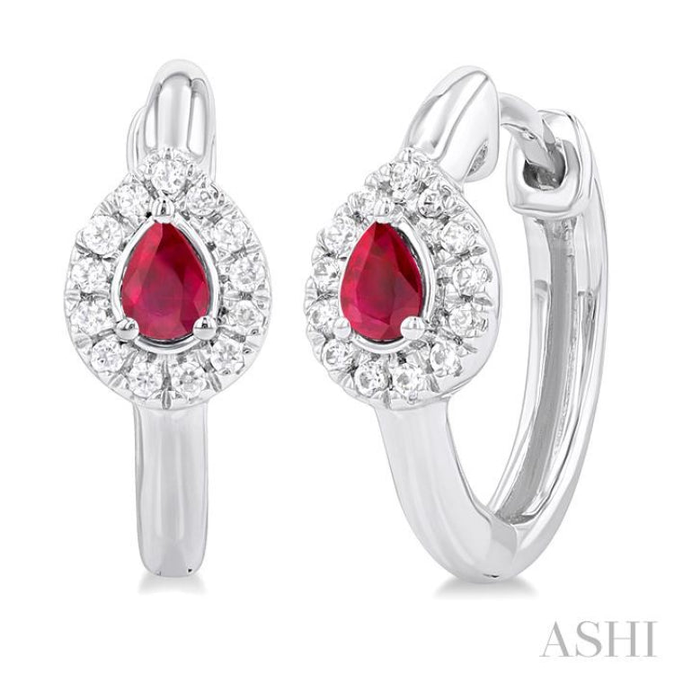 1/10 Ctw Petite 4X3 MM Pear Cut Ruby and Round Cut Halo Diamond Fashion Huggies in 10K White Gold