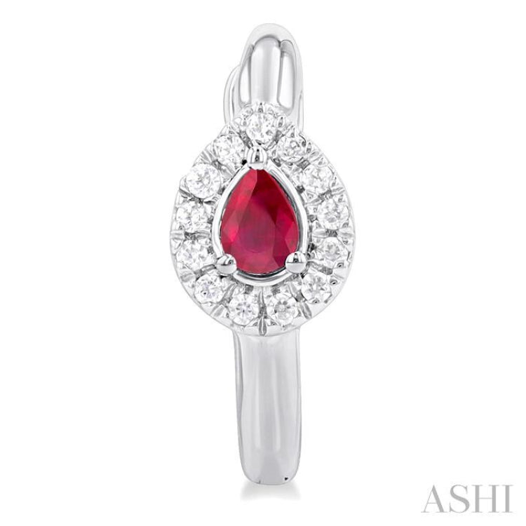 1/10 Ctw Petite 4X3 MM Pear Cut Ruby and Round Cut Halo Diamond Fashion Huggies in 10K White Gold