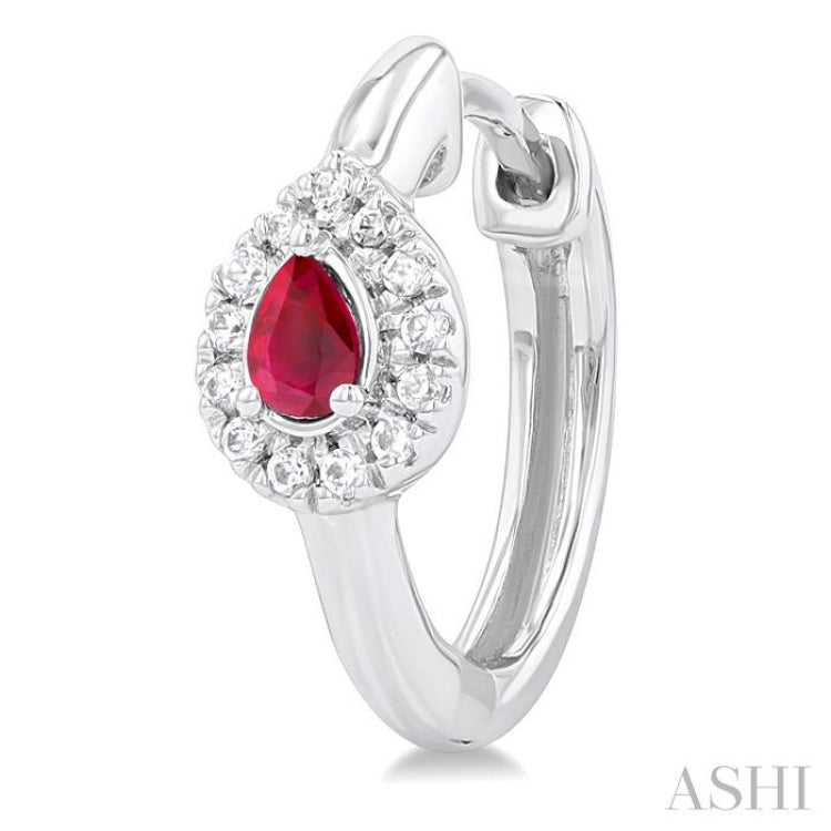 1/10 Ctw Petite 4X3 MM Pear Cut Ruby and Round Cut Halo Diamond Fashion Huggies in 10K White Gold