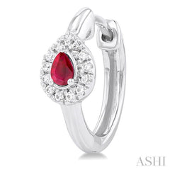 1/10 Ctw Petite 4X3 MM Pear Cut Ruby and Round Cut Halo Diamond Fashion Huggies in 10K White Gold